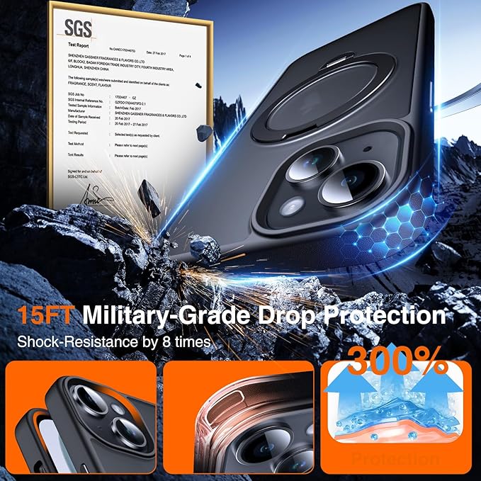 360° O-Ring MagStander for iPhone 15 Case with Magnetic Kickstand Ring Holder [Compatible with MagSafe][360°Rotate Stand Ring][Military Shockproof] Magnet iPhone 15 Phone Cover Matte Black