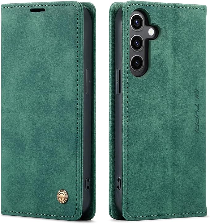 QLTYPRI Case for Samsung Galaxy S24, Vintage PU Leather Wallet Case Card Slot Kickstand Magnetic Closure Shockproof Flip Folio Case Cover for Samsung Galaxy S24 - Dark Green