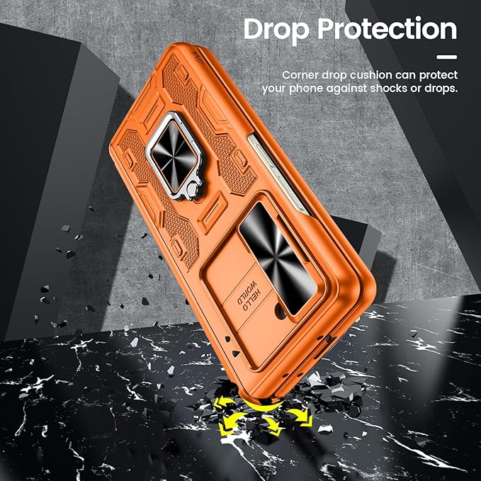 VEGO for Galaxy Z Fold 5 Case with Belt Clip Holster, 360°Ring Magnetic Kickstand & Camera Cover & Front Screen Protector, Hinge Protection Shockproof Armor Cover - Orange