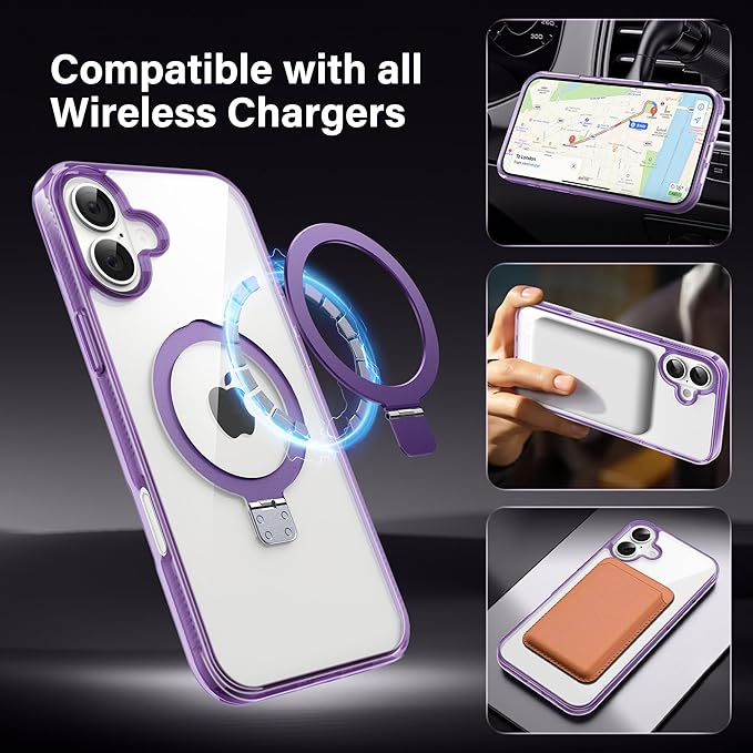 Magnetic Case for iPhone 16 Plus - [Built-in Invisible Stand] [Compatible with MagSafe] [Military Grade Drop Protection] Anti-Yellowing Hard Back Silicone Edge Cover, 6.7", Clear Purple