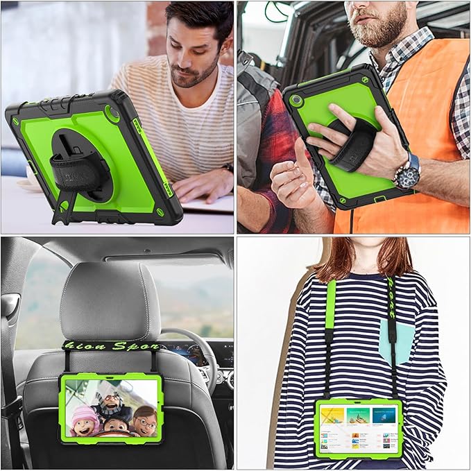 SEYMAC stock Case for Samsung Galaxy Tab A8 10.5'', Full-Body Drop Protection Case with Screen Protector Pencil Holder [360° Rotating Hand Strap] &Stand, Green+Black