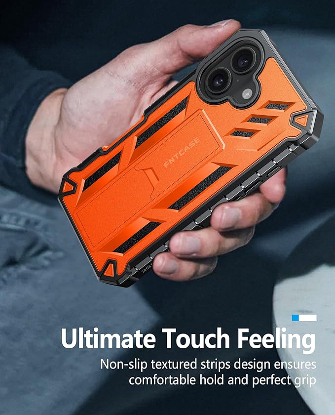 FNTCASE for iPhone 16 Phone Case: for iPhone 16 case with Kickstand Shockproof Military Grade Protective Cover - Dual Layer Full Protection Sturdy Matte Textured Drop Proof - 6.1 Inch Orange
