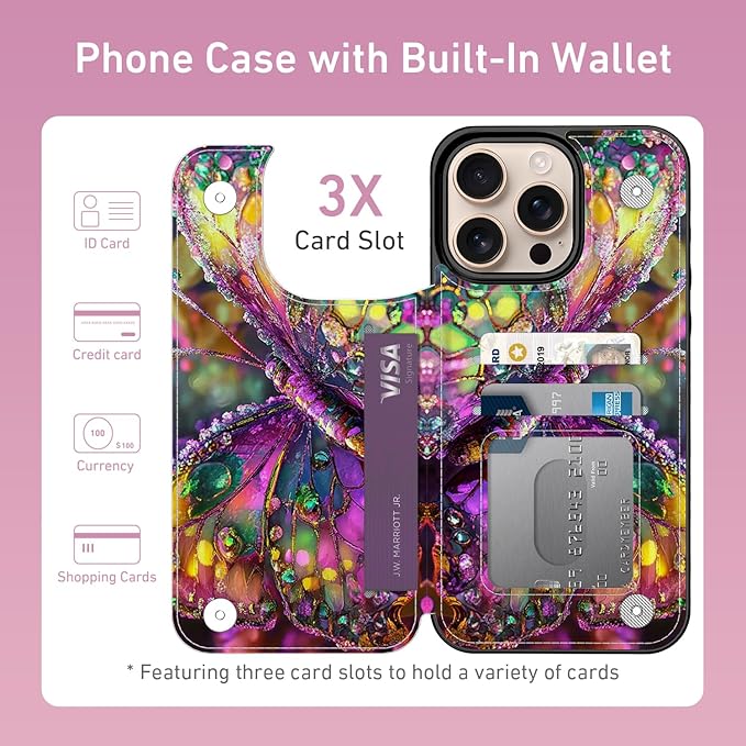 FUNMIKO for iPhone 16 Pro Wallet Case with Card Holder, RFID-Blocking, Military-Grade Protection & UV-Printed Artwork, Magnetic Closure with Leather Kickstand - Vibrant Elegant Butterfly