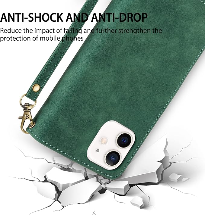 ZZXX for iPhone 12/12 Pro Wallet Case with Card Slot Premium Soft PU Leather Zipper Flip Folio Wallet with Wrist Strap Kickstand Protective for iPhone 12(Green 6.1 inch)