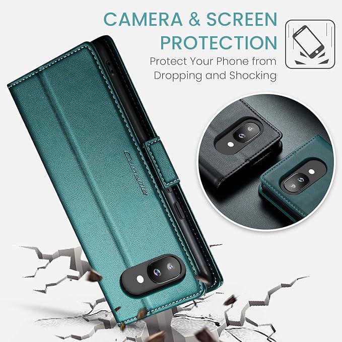 for Pixel 9A Case, Premium PU Leather Wallet Case Flip Cover with [RFID Blocking][Card Holder][Stand Function] Shockproof Protective for Pixel 9A, Blue-Green