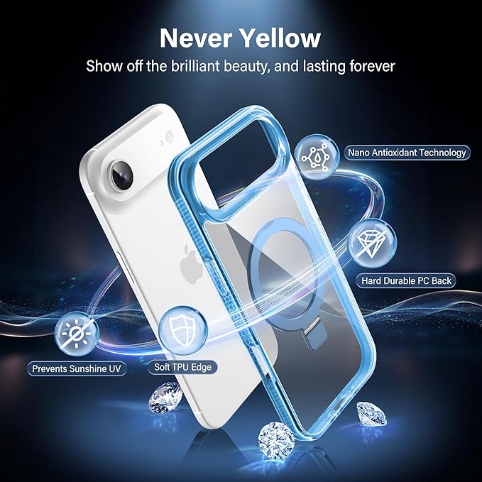 Magnetic Case for iPhone Air - [Built-in Invisible Stand] [Compatible with MagSafe] [Military Grade Drop Protection] Anti-Yellowing Hard Back Silicone Edge Cover, 6.5", Clear Blue