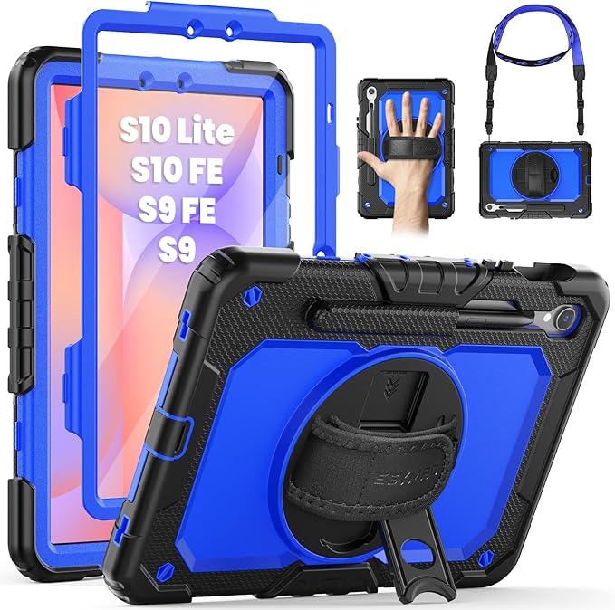 SEYMAC Case for Samsung Galaxy Tab S10 Lite/ S10 FE/ S9 FE/ S9 5G (10.9''/11''), Heavy Duty Shockproof Protective Case with Screen Protector, Rotating Stand, Hand Strap and Pen Holder, Blue