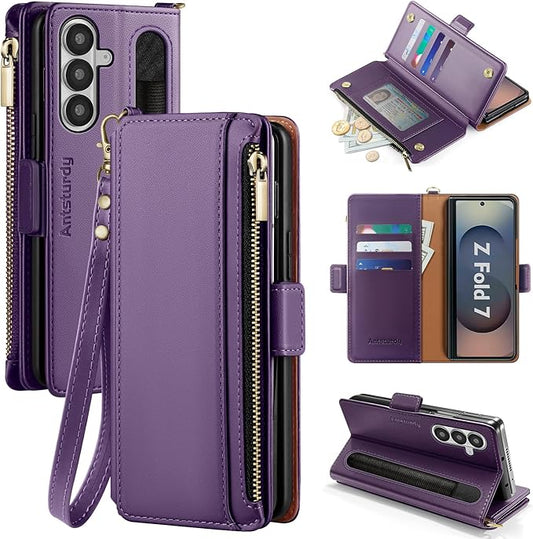 Antsturdy Compatible with Samsung Galaxy Z Fold7 Case Wallet with Card Holder,Z Fold 7 5G Phone Case with Strap Shockproof PU Leather RFID Blocking Flip Cover Credit Card Slots Women Men,Purple