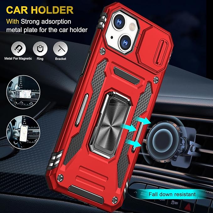 Case for iPhone 14 Phone Case with Slide Camera Cover, with Finger Ring Holder Stand, fit Magnetic Car Mount, for iPhone 14 (Red)