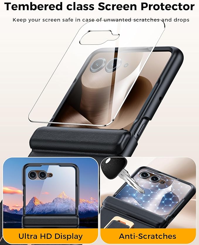 for Motorola Razr Ultra 2025 Case, Built-in Screen Protector & Hinge Protection & 360° Spin Stand & Hand Strap, Ultra Thin Genuine Leather Shockproof Phone Case for Razr Ultra 2025(Black)