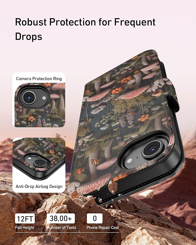 DEENAKIN for iPhone 16e Wallet Case with Card Holder + Cash Clip, RFID-Blocking, Military-Grade Drop Protection, Magnetic Closure with Leather Kickstand - Mushroom Floral