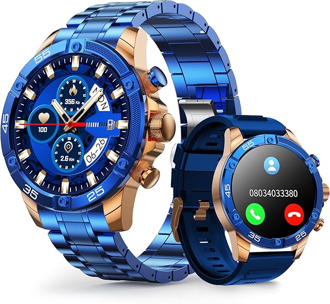 Smartwatch for Men 1.53-Inch Luxury Business Sports & Fitness Men's Watch, IP67 Water Resistant, 440mAh Extended Standby, Multi-Sport Mode and Monitor, Supports IOS 8.0 and Android 4.4 (Steel Blue)