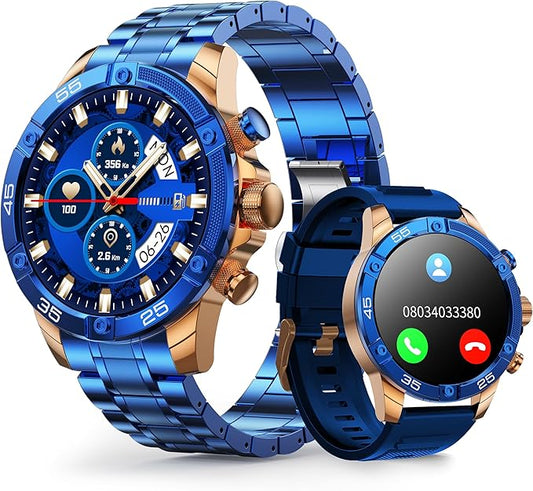 Smartwatch for Men 1.53-Inch Luxury Business Sports & Fitness Men's Watch, IP67 Water Resistant, 440mAh Extended Standby, Multi-Sport Mode and Monitor, Supports IOS 8.0 and Android 4.4 (Steel Blue)