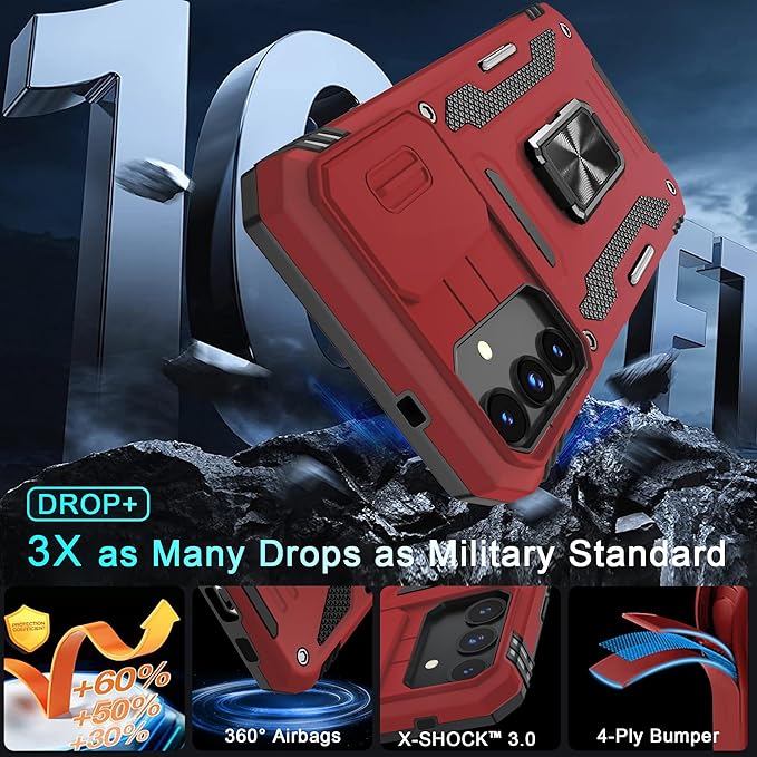 DEERLAMN Case for Samsung Galaxy S24+ Plus with Slide Camera Cover+Screen Protector (1 Pack), Rotated Ring Kickstand Military Grade Shockproof Protective Cover-Red