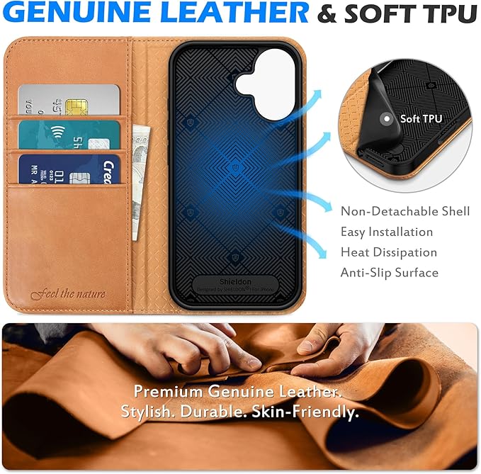 SHIELDON Case for iPhone 16 2024, Genuine Leather Magnetic Folio Wallet [RFID Blocking Credit Card Slots] Kickstand Shockproof Soft Phone Holder Case Compatible with iPhone 16 6.1" - Oily Brown