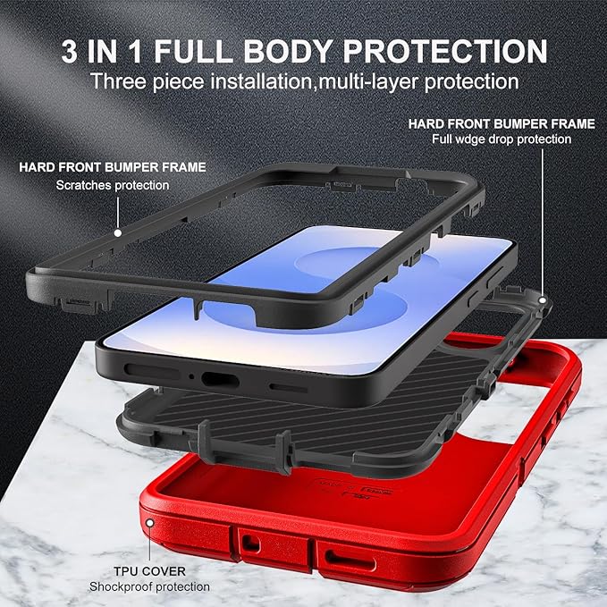 for Samsung Galaxy S25 Case, ONLY, [NOT FIT Galaxy S25 Edge/S25 Plus/S25 Ultra], Military Grade Case with 2Pcs Tempered Glass Screen Protector & 1Pcs Camera Lens Protector (Red/Black)