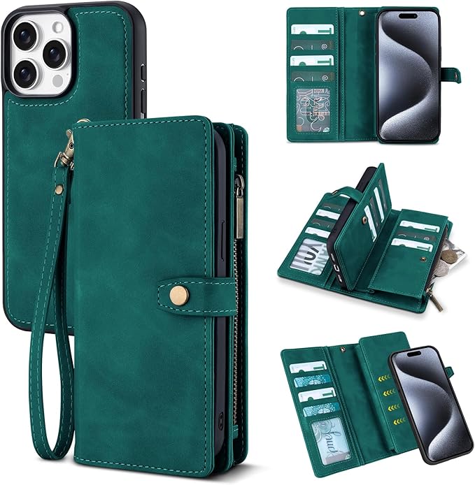 TwoHead Wallet Case Compatible with iPhone 15 Pro,Detachable Magnetic Phone Case,All-Round Protective Leather Phone Case with Card Holder,6.1 in,Green