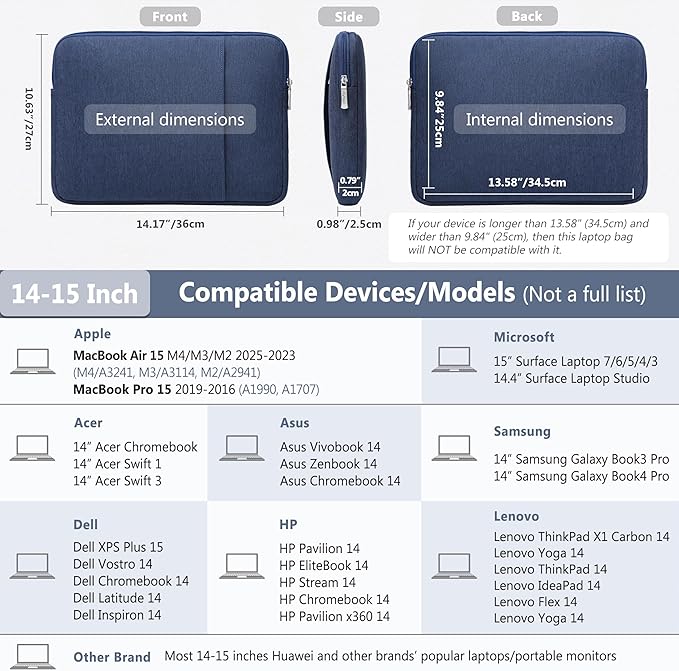HYZUO 14-15 Inch Laptop Sleeve Bag Set for MacBook Air 15 M4/M3/M2, MacBook Pro 15, XPS 14/15 Plus, 15" Surface Laptop, Notebook Case for 14" HP Lenovo ThinkPad Asus Acer Huawei, Navy Blue