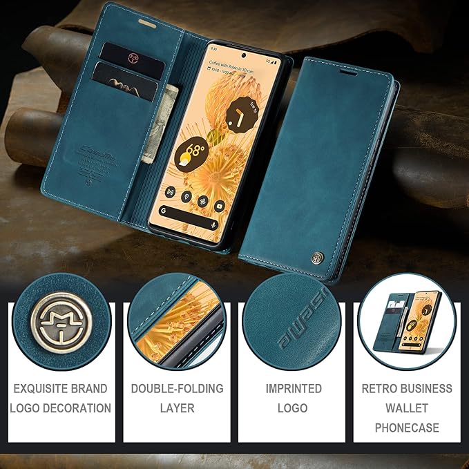 for Google Pixel 6 Pro Case, Flip Wallet Leather Case with Card Holder Magnetic Closure Shockproof Kickstand Protective Phone Cases Cover for Google Pixel 6 Pro,Blue-Green