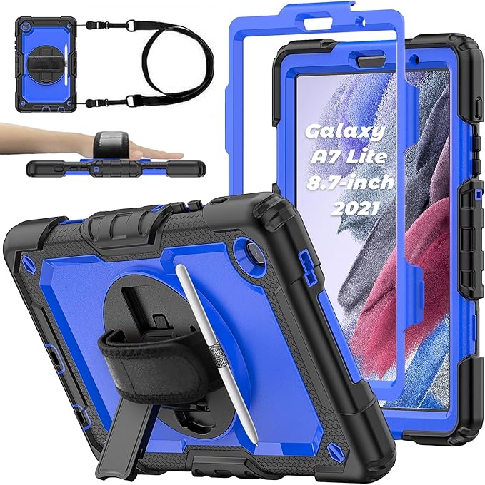 Case for Samsung Galaxy Tab A7 Lite 8.7-inch 2021 (SM-T220/T225), Protective with Screen Protector/Hand Strap/Pen Holder, Sturdy Shockproof for Samsung A7 Lite Tablet Case (Blue)