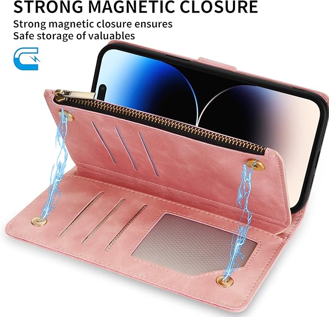ZZXX for iPhone 14 Pro Max Case Wallet with [RFID Blocking] Card Slot Soft PU Leather Zipper Flip Folio with Wrist Strap Kickstand Protective Cover for iPhone 14 Pro Max Wallet Case(Pink-6.7 inch)