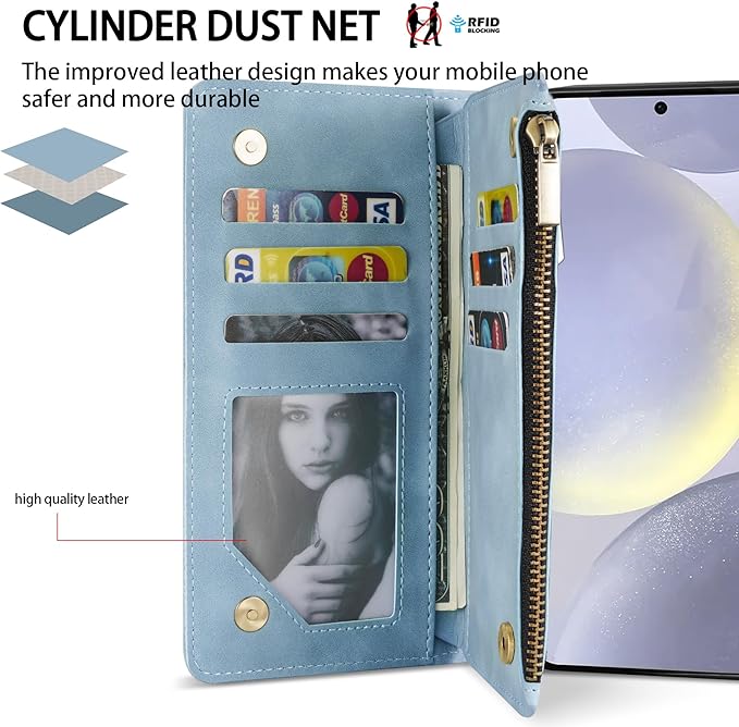 ZZXX for Samsung Galaxy S24 Plus Wallet Case with RFID Blocking Card Slot PU Leather Zipper Flip Folio with Strap Kickstand Protective Cover for Samsung Galaxy S24+ Case Wallet(Light Blue-6.7 inch)