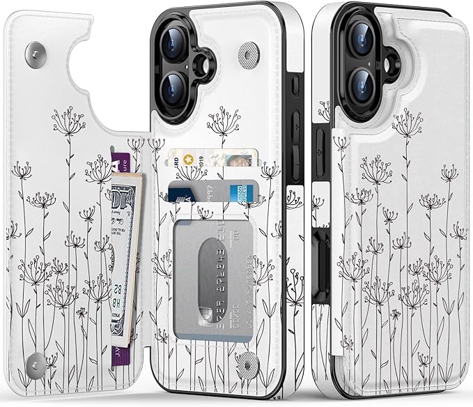 FUNMIKO for iPhone 16 Wallet Case with Card Holder, RFID-Blocking, Military-Grade Protection & UV-Printed Artwork, Magnetic Closure with Leather Kickstand - Elegantly Sketched Flower