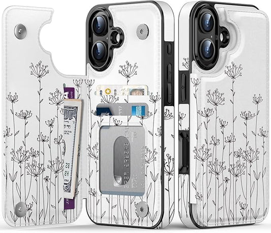 FUNMIKO for iPhone 16 Wallet Case with Card Holder, RFID-Blocking, Military-Grade Protection & UV-Printed Artwork, Magnetic Closure with Leather Kickstand - Elegantly Sketched Flower