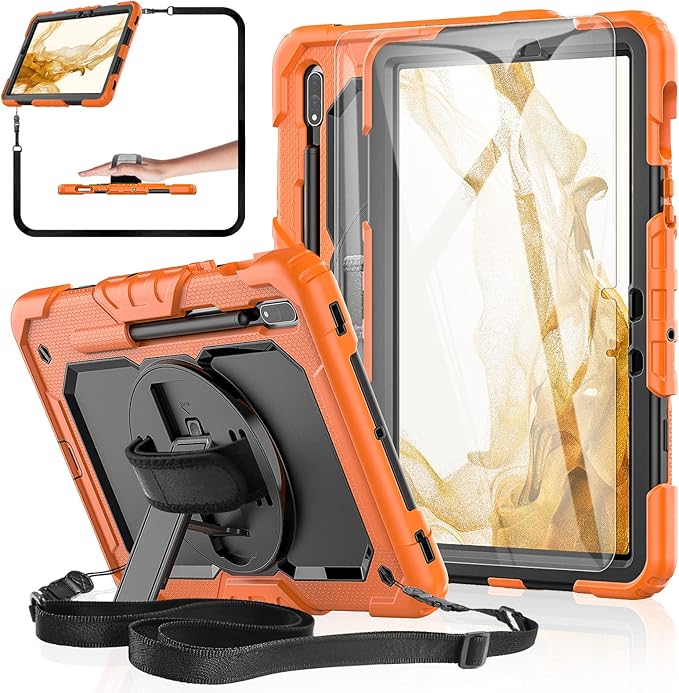 Case for Samsung Galaxy Tab S8/S7 11-inch 5G Tablet Case 2022/2020, [with Tempered Glass Screen Protector], Rotating Kickstand, Hand & Shoulder Strap, S Pen Holder (Orange)