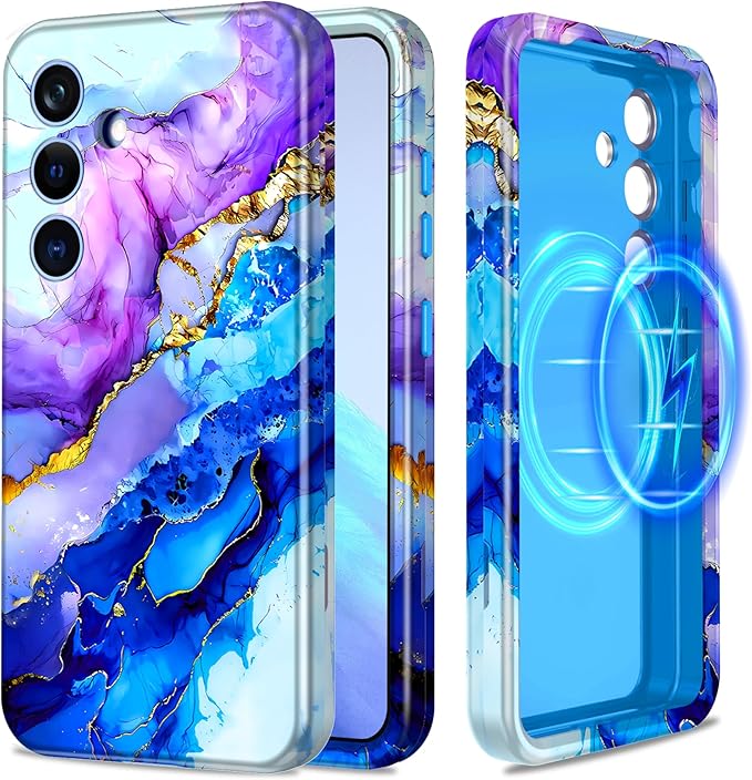 Casetego for Galaxy S24 Case,Compatible with MagSafe,[Military Grade Drop Test] Full Body Protection Slim Shockproof Rugged Marble Women Case for Samsung Galaxy S24 6.2 inch,Azure Blue