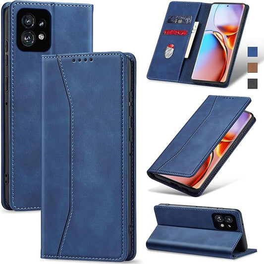 Jasonyu Flip Wallet Case for Motorola Edge+ (2023)/Moto Edge Plus (2023),Leather Magnetic Folio Cover with Card Holder,Kickstand - TPU Shockproof Durable Protective Phone Case,Blue