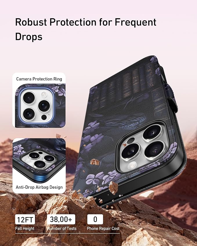 DEENAKIN for iPhone 16 Pro Max Wallet Case with Card Holder + Cash Clip, RFID-Blocking, Military-Grade Drop Protection, Magnetic Closure with Leather Kickstand - Purple Floral & Raven