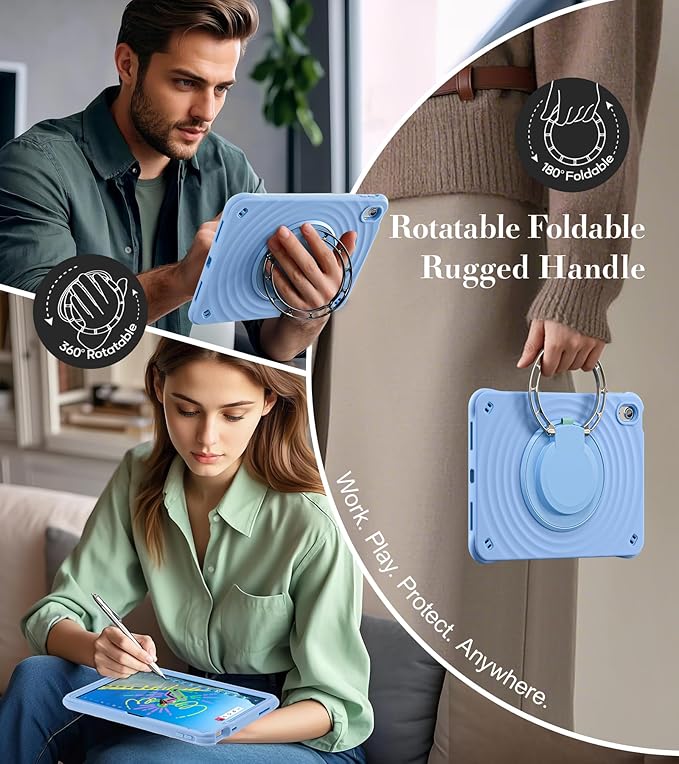 BRAECN Ripple Case for iPad (A16)11th/10th Generation 11/10.9 inch 2025/2022 Zinc Alloy Handle Ring Stand Protective Heavy Duty Screen Protector 360°Rotating 180°Folding Shoulder Strap Full-Body Cover