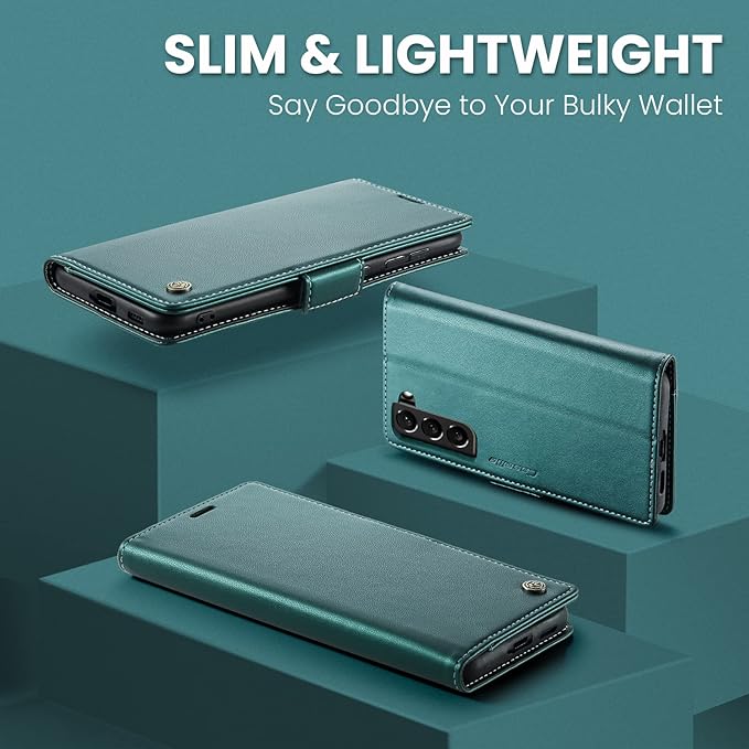 AUPAI for Samsung Galaxy S21 Wallet Case with Credit Card Holder, PU Leather RFID Blocking Folio Flip Kickstand Magnetic Clasp Protective Phone Cover for Women Men Cyan