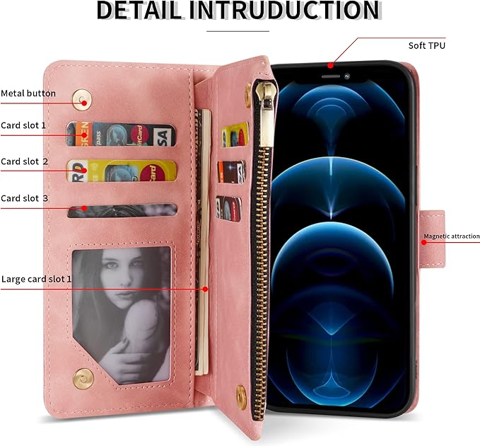 ZZXX for iPhone 12 Pro Max Wallet Case with Card Slot Premium Soft PU Leather Zipper Flip Folio Wallet with Wrist Strap Kickstand Protective Case (Pink, 6.7 inch)