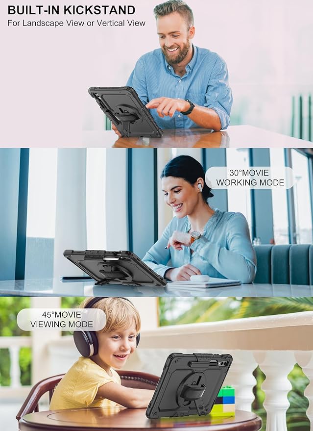 Case for Samsung Galaxy Tab S10 Plus/ S9 FE Plus/ S9 Plus 5G Tablet 12.4'', Shockproof Protective Cover with [Tempered Glass Screen Protector], Stand, Shoulder Strap & S Pen Holder (Black)