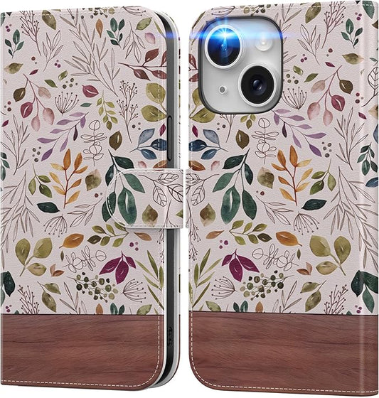 DEENAKIN for iPhone 15 Wallet Case with Card Holder + Cash Clip, RFID-Blocking, Military-Grade Drop Protection, Magnetic Closure with Leather Kickstand - Vibrant Foliage