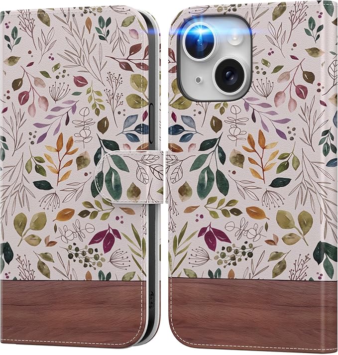 DEENAKIN for iPhone 15 Plus Wallet Case with Card Holder + Cash Clip, RFID-Blocking, Military-Grade Drop Protection, Magnetic Closure with Leather Kickstand - Vibrant Foliage