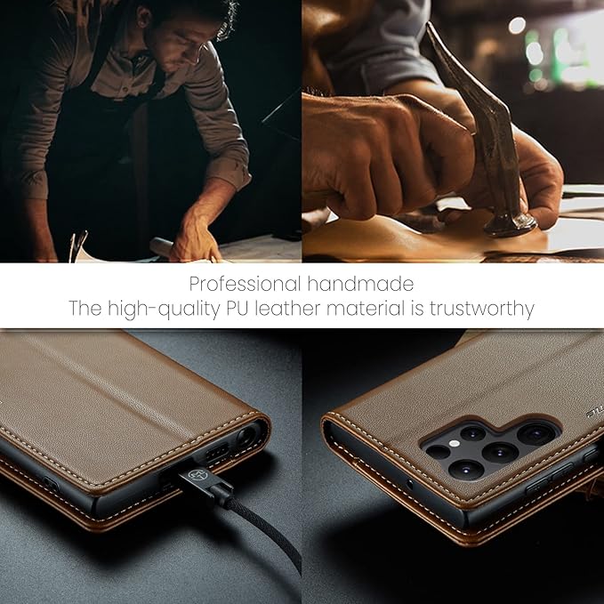 AUPAI for Samsung Galaxy S23 Ultra Wallet Case with Credit Card Holder, PU Leather RFID Blocking Folio Flip Kickstand Magnetic Clasp Protective Phone Cover for Women Men Brown