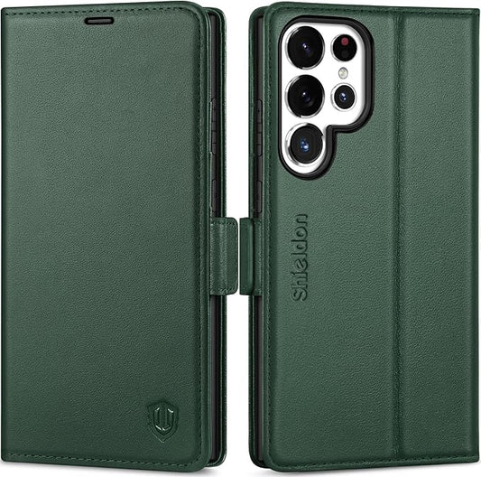 SHIELDON Case for Galaxy S25 Ultra 6.9", Genuine Leather Wallet Case with RFID Blocking Card Holder Kickstand Shock Absorbing Protective Cover Compatible with Galaxy S25 Ultra 2025 - Nappa Evergreen