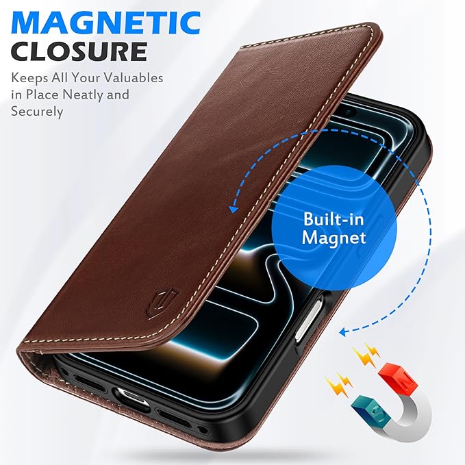 SHIELDON Case Wallet for iPhone 17 5G 6.3-inch 2025 | Genuine Leather | Flip Magnetic Closure | RFID Blocking Credit Card Holder | Kickstand | TPU Shockproof Cover | Retro Coffee