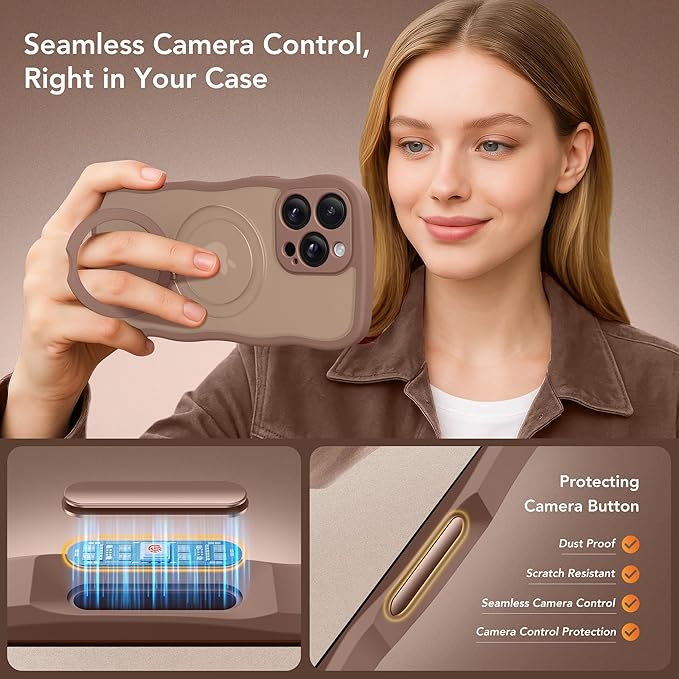 GolbinBox for iPhone 16 Pro Max Case for Women,[Compatible with Magsafe][360° Spin Magnetic Stand][Cute Wave Edge][Military-Grade Protection] Translucent Matte Phone Case for iPhone 16 ProMax, Brown