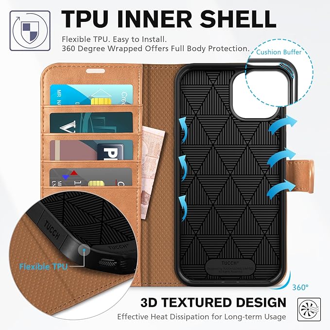 TUCCH Wallet Case for iPhone 14 6.1", [RFID Blocking] [4 Card Slot] Kickstand [Shockproof TPU Interior Case], PU Leather Magnetic Flip Cover Compatible with iPhone 14 6.1 2022, Light Brown