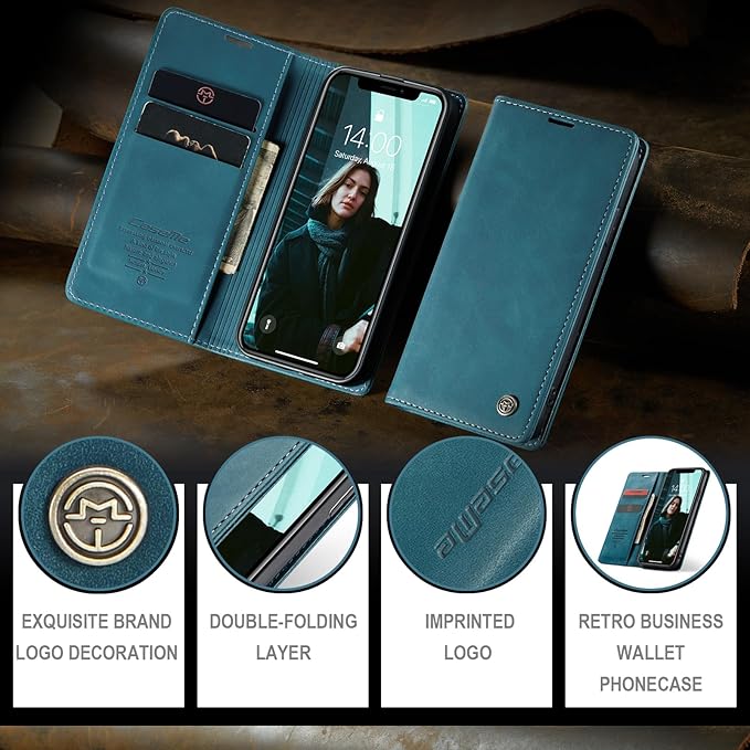 for iPhone Xs Max 6.5-Inch Case, Flip Wallet Leather Case with Card Holder Magnetic Closure Shockproof Kickstand Protective Phone Cases Cover for iPhone Xs Max, Blue-Green