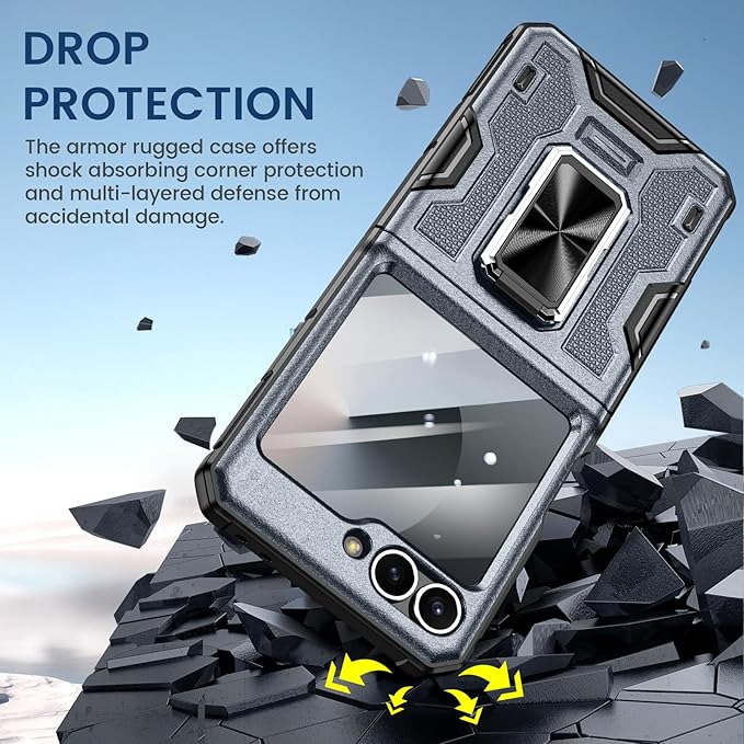 VEGO for Z Flip 6 Case, Samsung Galaxy Flip 6 Case with 360° Rotatable Ring Kickstand & Belt Clip Holster & 9H HD Tempered Glass Camera Screen Protector & Hinge Protection, Shockproof Case - Grey