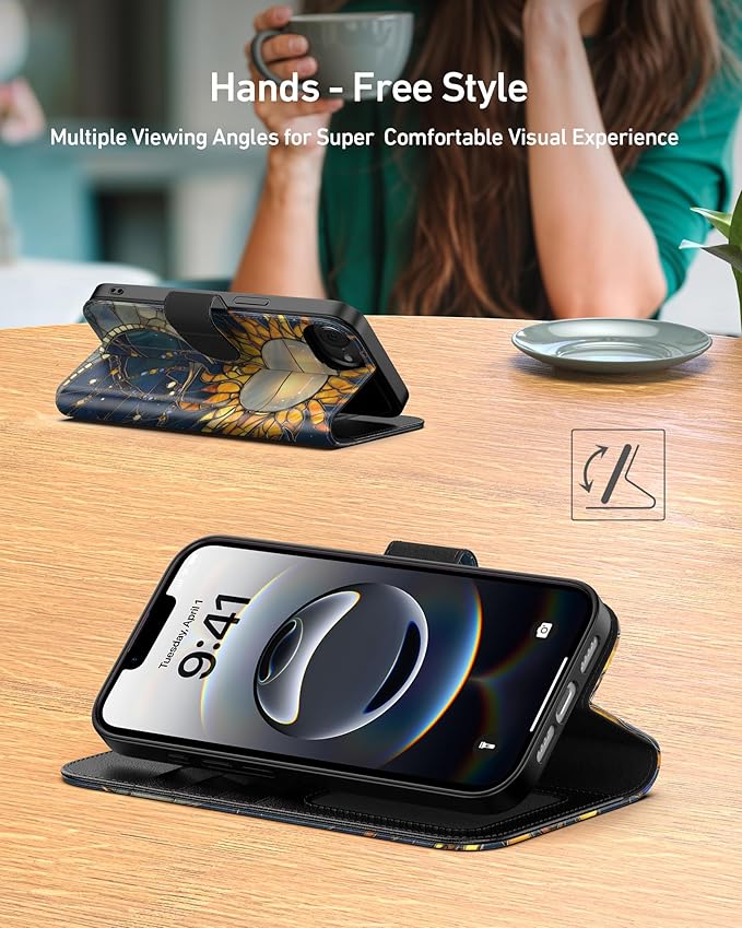 DEENAKIN for iPhone 16e Wallet Case with Card Holder + Cash Clip, RFID-Blocking, Military-Grade Drop Protection, Magnetic Closure with Leather Kickstand - Solar Lunar Harmony