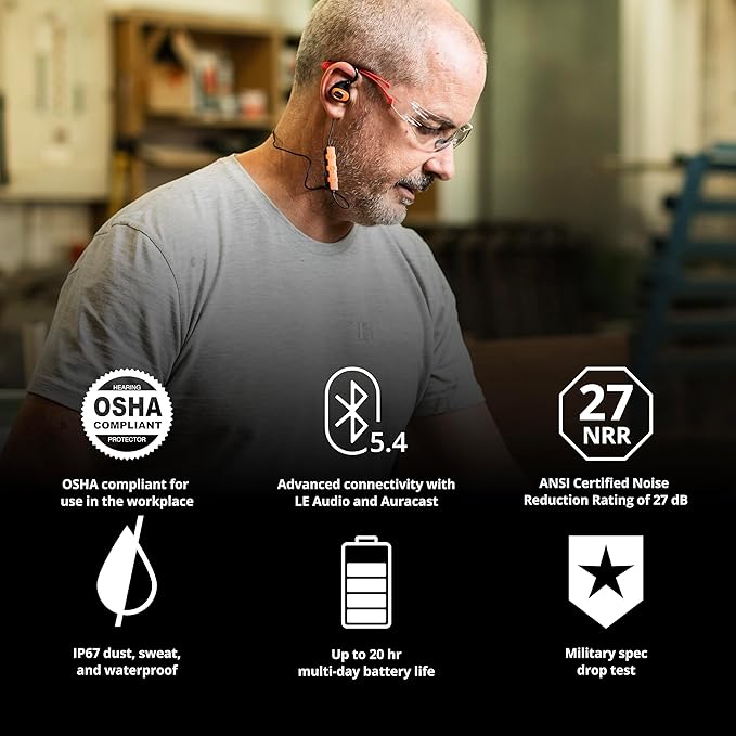 ISOtunes PRO 3.0 Bluetooth Hearing Protection - OSHA Approved Earbuds with 20 Hour Battery Life, Bluetooth Ear Protection with 27 dB Noise Reduction (NRR) Earplug Headphones - Durable Work Earbuds