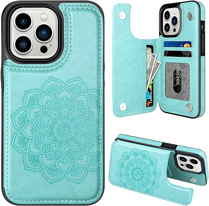 MMHUO Mint Flower Magnetic Back Flip Case for iPhone 14 Pro with Card Holder