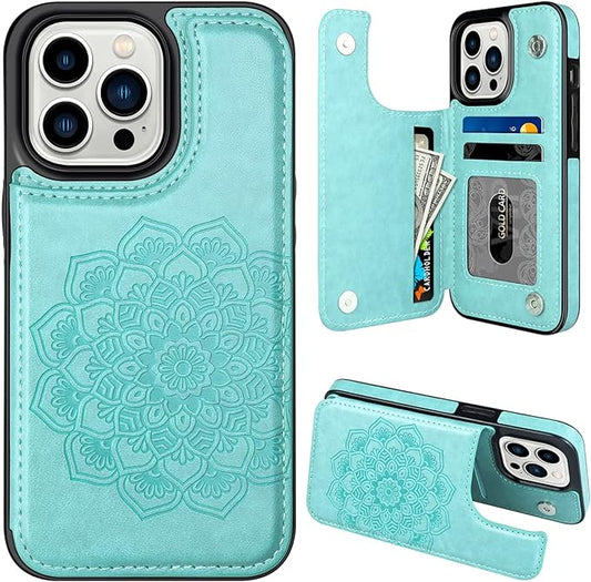 MMHUO Mint Flower Magnetic Back Flip Case for iPhone 14 Pro with Card Holder