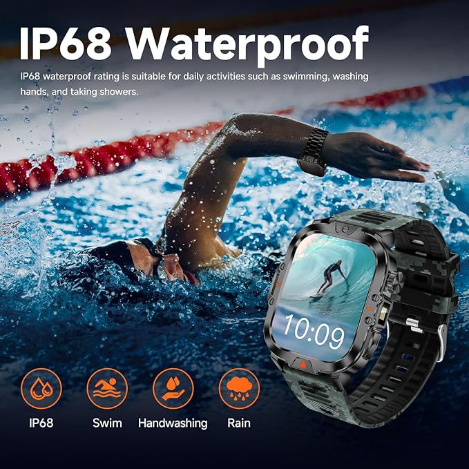 Smart Watch for Men Military Answer/Make Call 2.01″ Display 170+ Sports Modes Fitness Smart Watch IP68 Waterproof 30 Days Standby Smartwatch for Android iOS Black Camouflage Silicone Strap